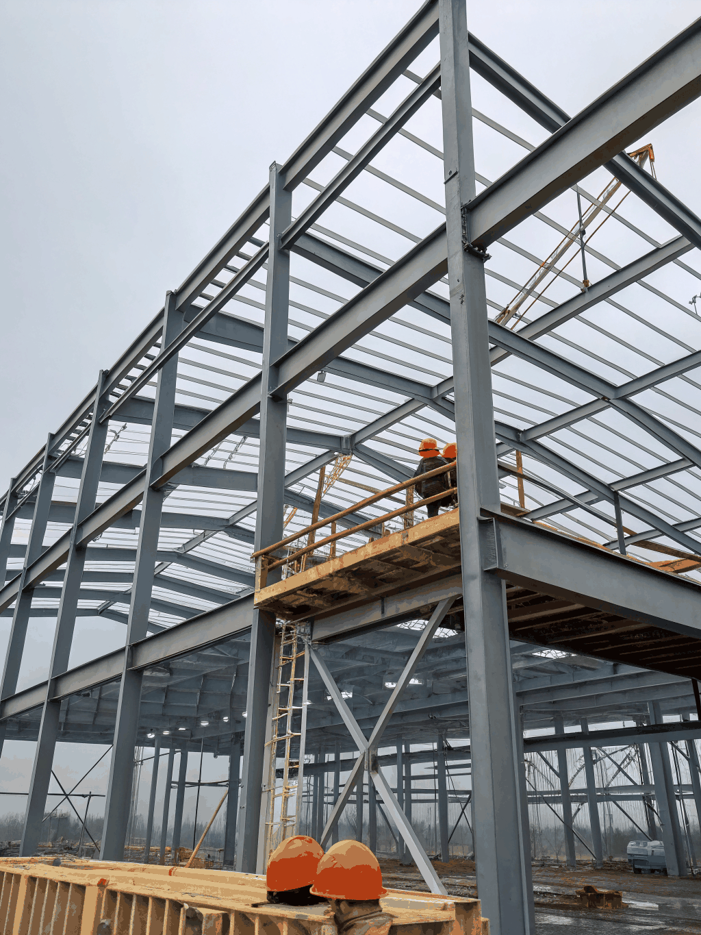Modern architectural construction site with structural beams